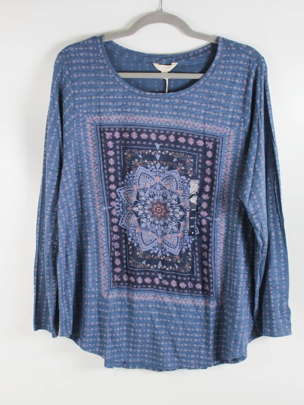 NWT Lucky Brand 1X Blue Boho Mandala Long Sleeve Knit Top